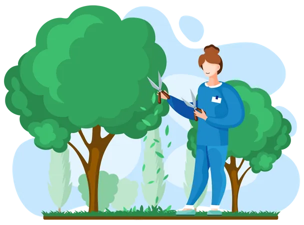 Gardener with scissors cuts big tree and shrub  Illustration