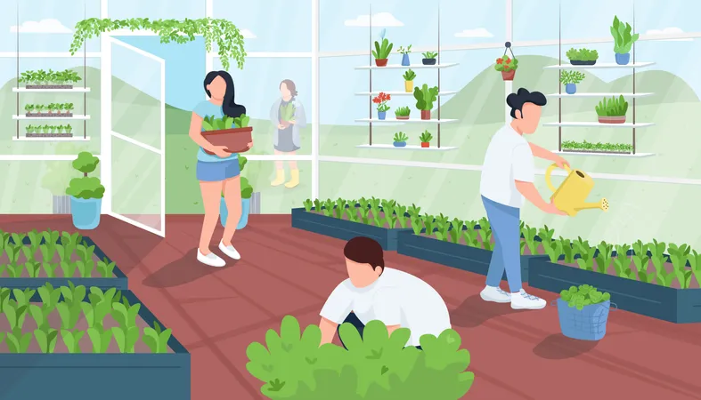 Gardeners in greenhouse Illustration