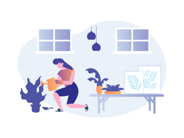 Gardening At Home With Woman  Illustration