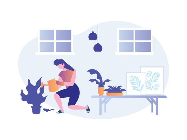 Gardening At Home With Woman  Illustration