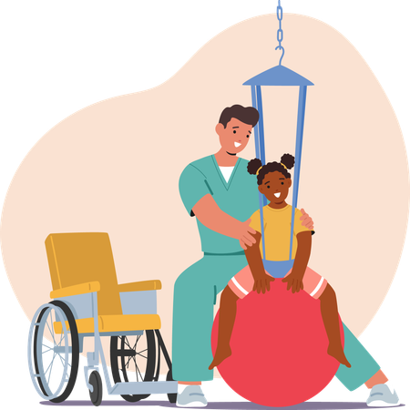 Un gardien travaille avec tendresse avec un enfant en fauteuil roulant  Illustration