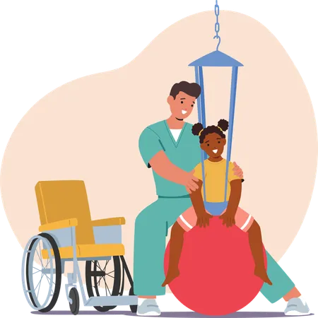 Un gardien travaille avec tendresse avec un enfant en fauteuil roulant  Illustration