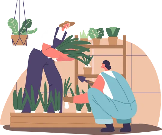 Gardner cultivando vegetais e ervas em um ambiente controlado  Ilustração