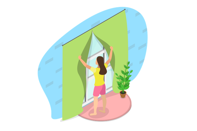 Menina abrindo seu quarto para olhar Morning View  Ilustração