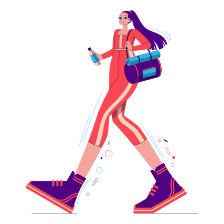 Menina andando com bolsa de ginástica e garrafa de água  Ilustração