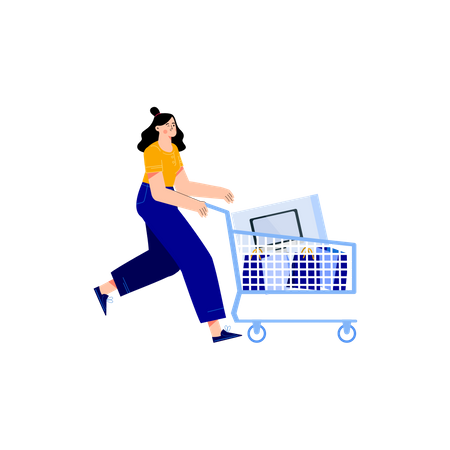 Menina andando com carrinho de compras  Ilustração