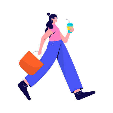 Menina andando com um copo para viagem  Ilustração