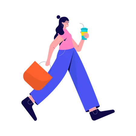 Menina andando com um copo para viagem  Ilustração