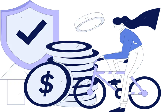 Menina andando de bicicleta enquanto obtém crescimento financeiro seguro  Ilustração