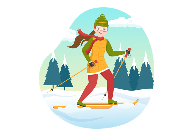 Garota andando de esqui na floresta nevada  Ilustração