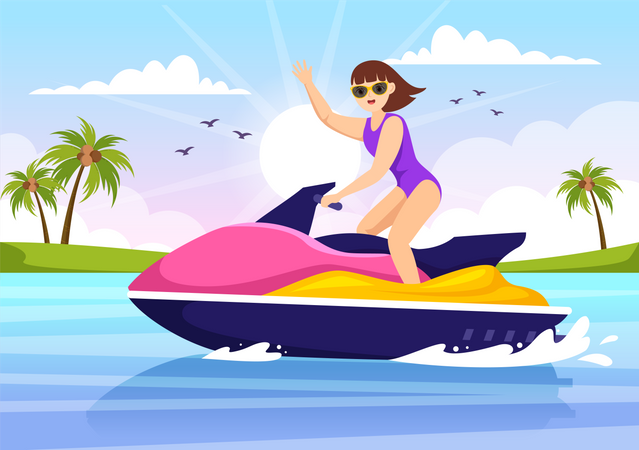 Garota andando de jet ski  Ilustração