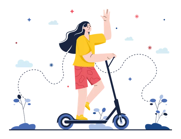 Menina andando de scooter lá fora  Ilustração