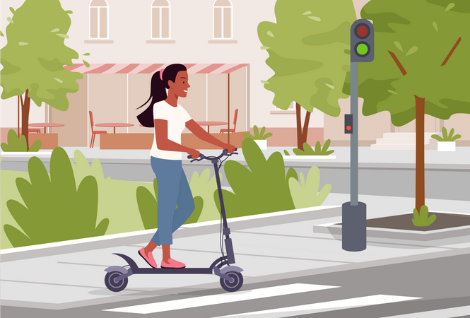 Garota andando de scooter elétrica na cidade  Ilustração