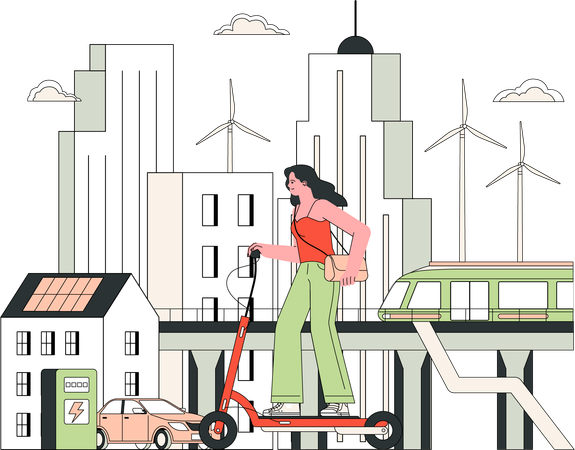 Garota andando de scooter na cidade  Ilustração