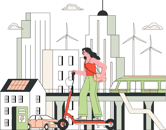 Garota andando de scooter na cidade  Ilustração