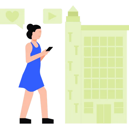 Menina andando e usando celular  Ilustração