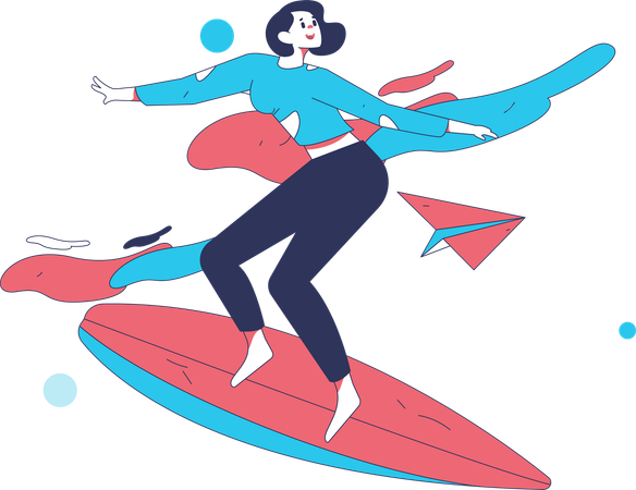 Garota andando na prancha de surf  Ilustração