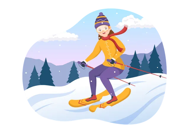 Garota andando de esqui de inverno  Ilustração
