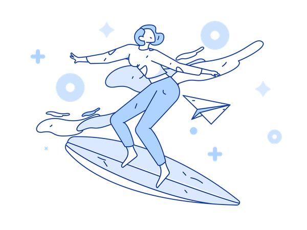 Garota andando na prancha de surf  Ilustração