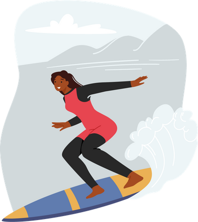 Menina andando em uma prancha de surf nas ondas  Ilustração