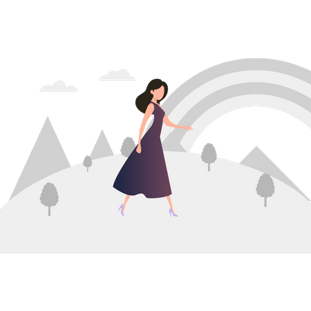 Garota andando na temporada do arco-íris  Ilustração