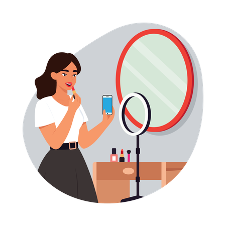 Menina aplicando batom na penteadeira  Ilustração