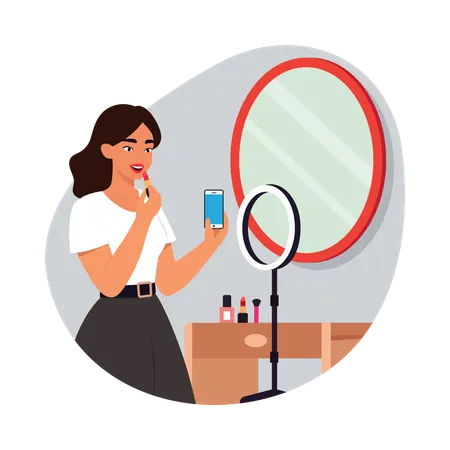 Menina aplicando batom na penteadeira  Ilustração