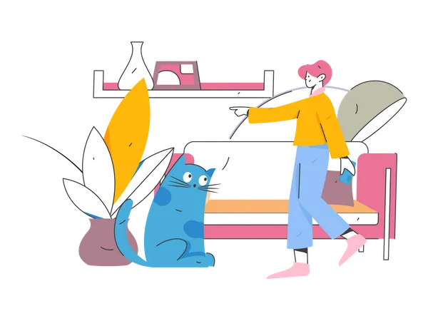 Menina apontando gato para sala de estar  Ilustração