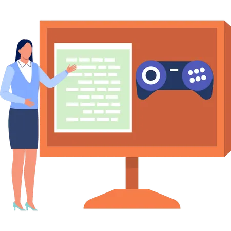 Garota apontando para instruções do jogo no monitor  Ilustração