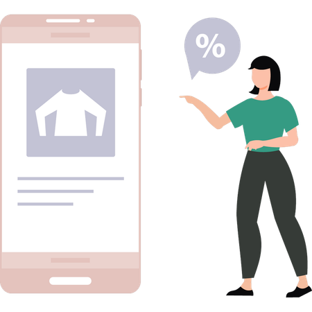 Garota apontando para desconto on-line no celular  Ilustração