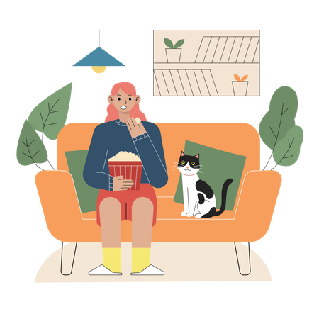 Menina assistindo filme com gato de estimação em casa  Ilustração