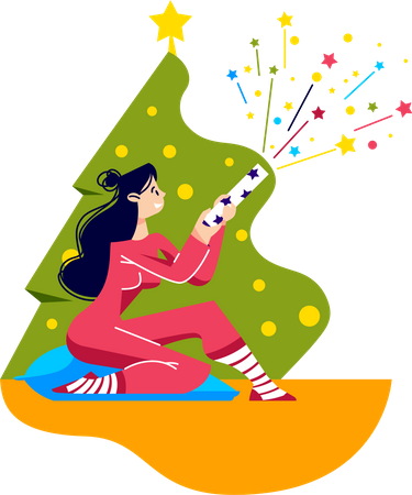 Menina atirando pastelão debaixo da árvore de Natal em casa  Ilustração