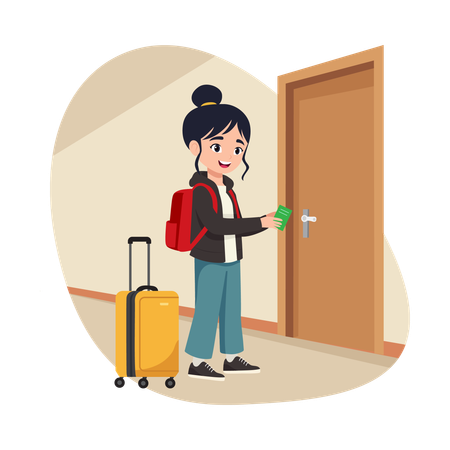 Garota batendo na porta do hotel  Ilustração