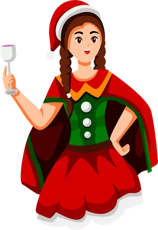 Menina bebendo álcool na festa de Natal  Ilustração
