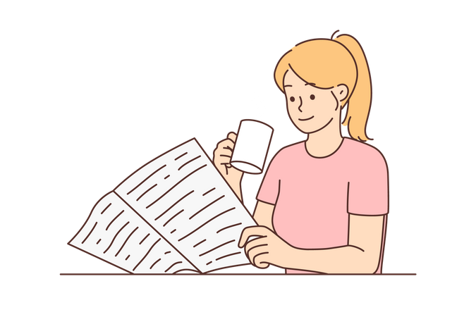 Menina tomando café enquanto lê jornal  Ilustração