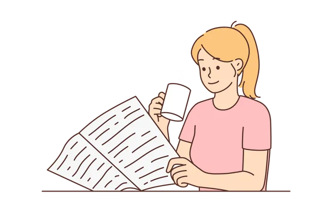 Menina tomando café enquanto lê jornal  Ilustração