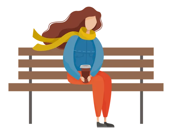 Menina tomando café enquanto está sentado no banco do parque  Illustration