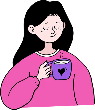 Menina bebendo chocolate quente ou café  Ilustração