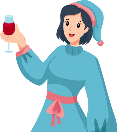 Garota bebe vinho na festa  Ilustração