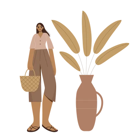 Boho Girl ao lado de um grande vaso segurando uma bolsa  Ilustração