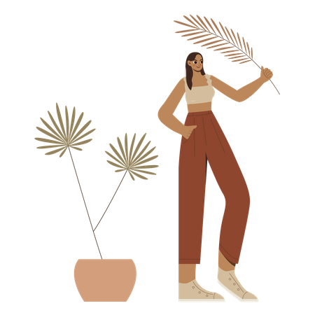 Boho Girl segurando uma planta  Ilustração