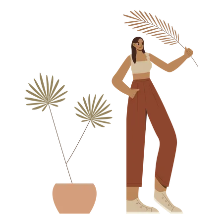 Boho Girl segurando uma planta  Ilustração