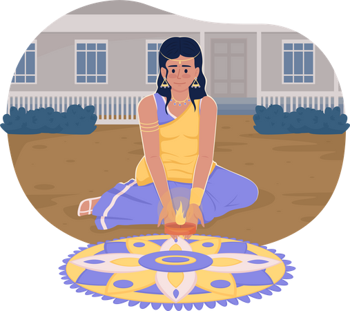 Menina bonita em sari colocando vela em rangoli  Ilustração