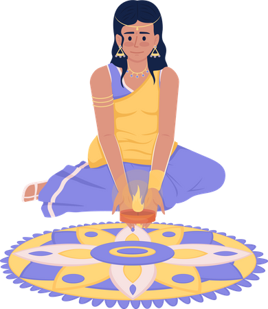 Menina bonita em sari colocando vela em rangoli  Ilustração