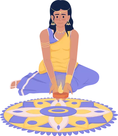 Menina bonita em sari colocando vela em rangoli  Ilustração