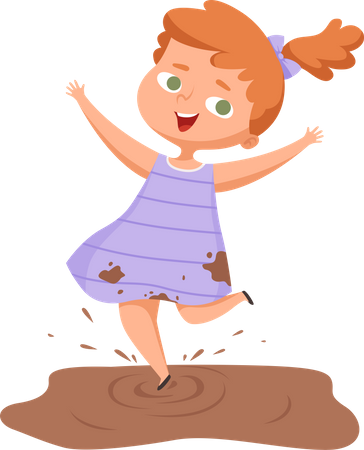 Menina brincando em água lamacenta  Ilustração