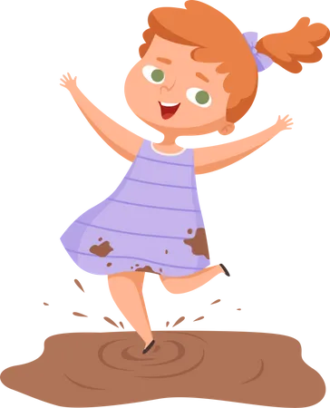 Menina brincando em água lamacenta  Ilustração