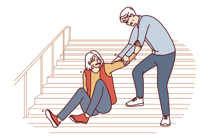 Garota caindo na escada e homem ajudando garota  Ilustração