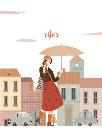 Menina andando em dia chuvoso  Ilustração