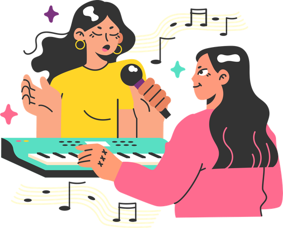 Menina cantando música e tocando teclado  Ilustração